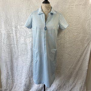 Vintage 60’s Retro Blue & White Chevron Stitch Stripe Abstract Midi Dress Frock